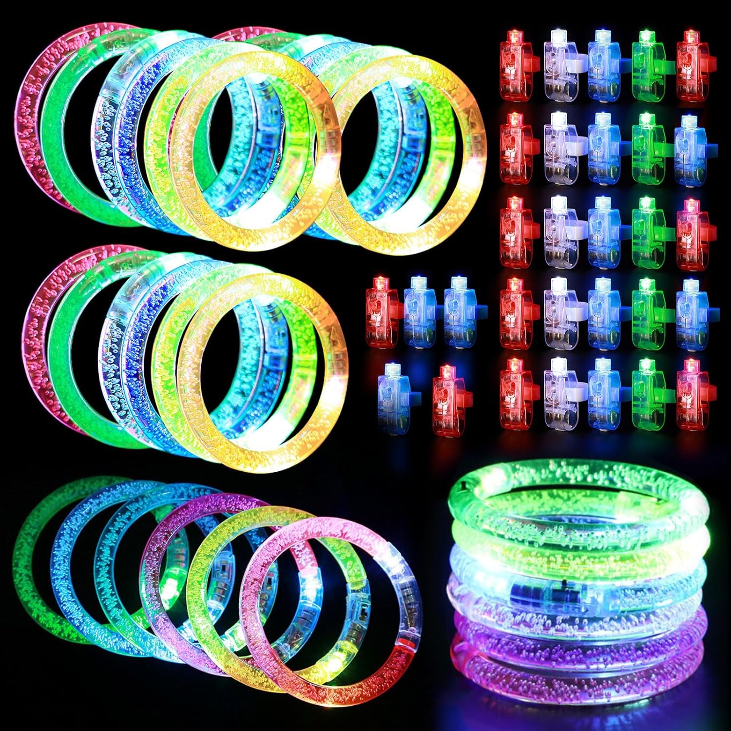 60-Pack LED Toys: 30 Glow Bracelets and 30 Finger Lights for Neon Party Favors and Glow-in-the-Dark Supplies for Gifts, Classroom Activities, Carnival Prizes, Piñatas, Birthdays, and Halloween