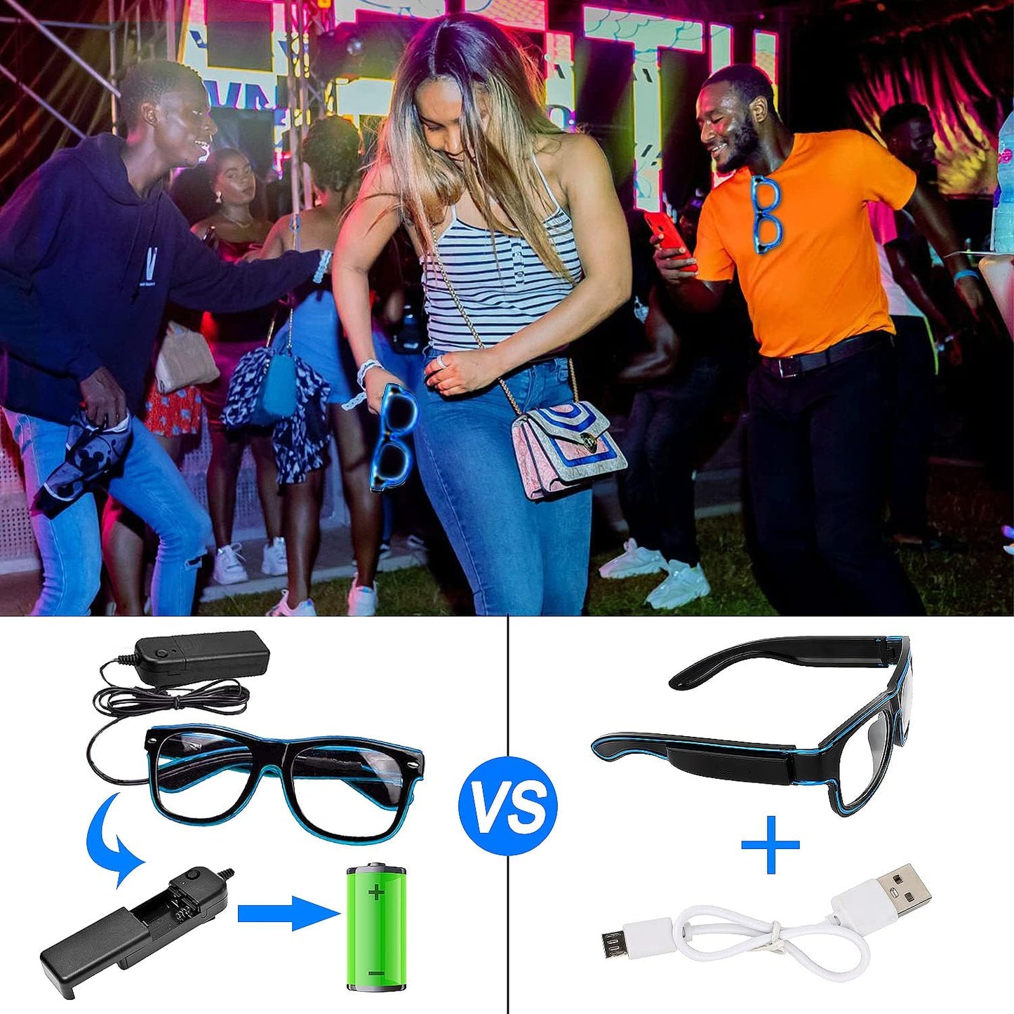 Wireless Led Light up Glasses 2 Pack Glow in the Dark Neon Glasses for Rave Party, EDM (Blue + Pink)