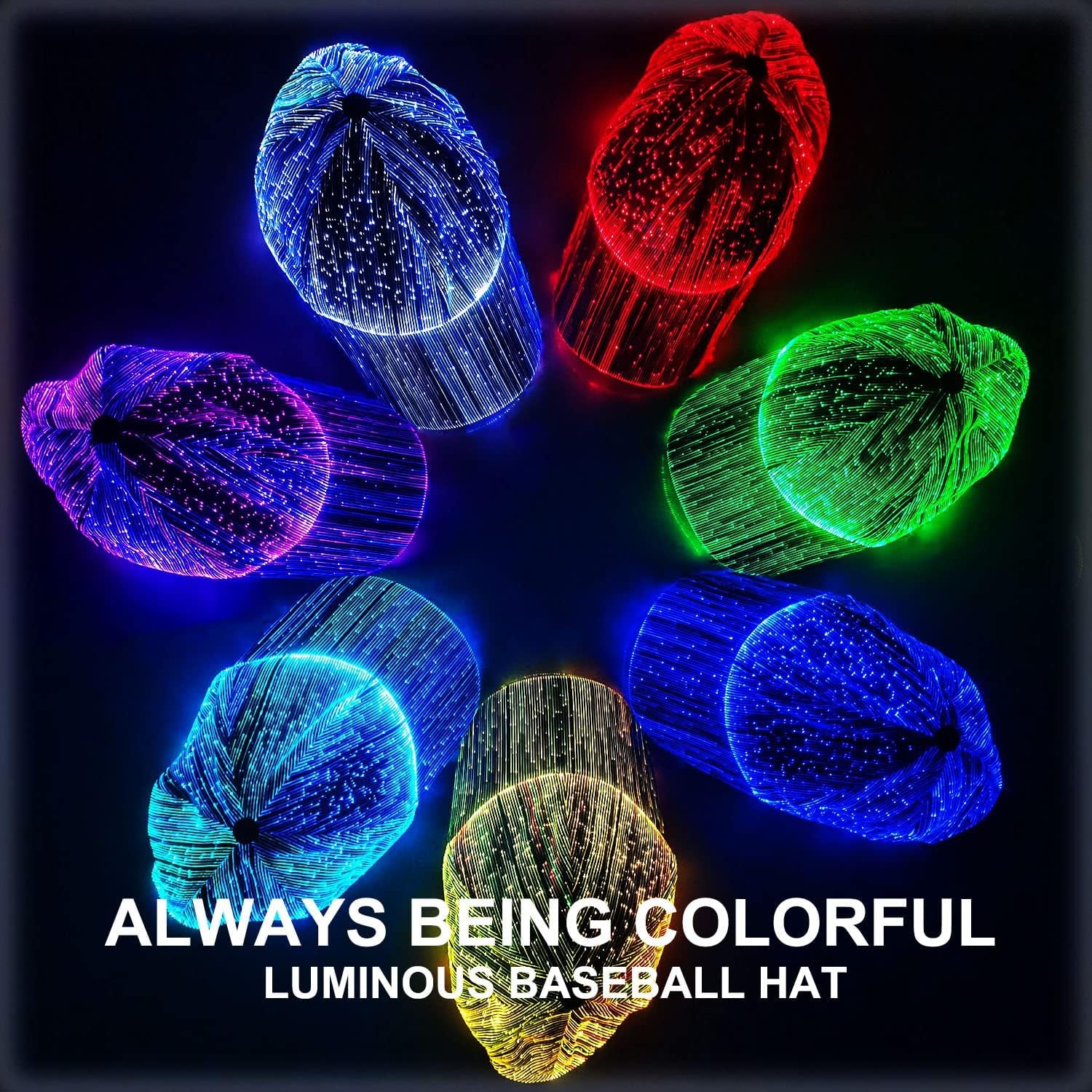 Hip Hop Luminous LED Baseball Cap Hats for Christmas Rave with 7 Colors Light USB Charging