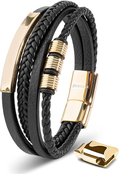 Premium Leather Bracelet Men | Stainless Steel Magnetic Clasp | Three Colors | Jewelry Box Included