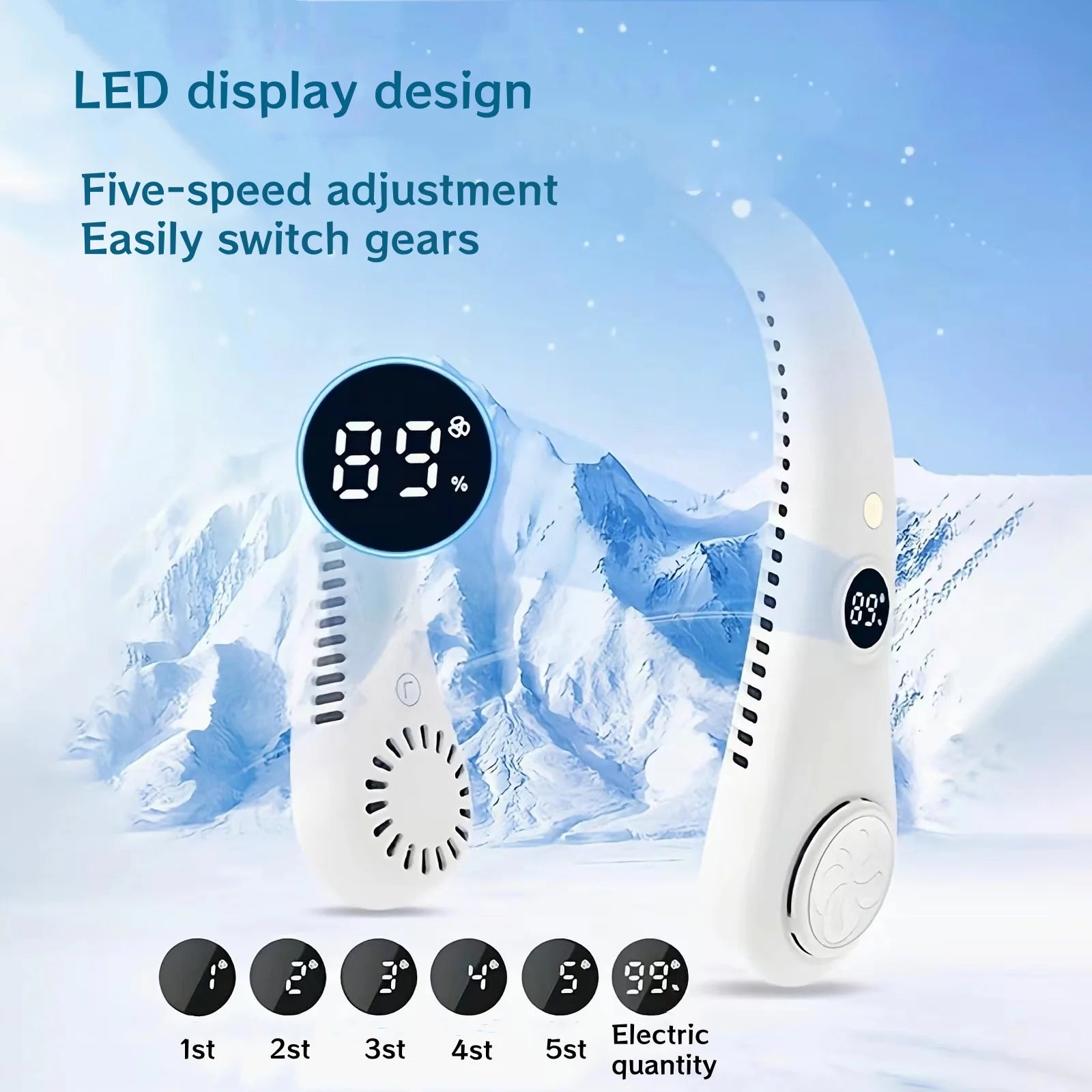 5-Speed Digital Display Neck Fan Portable Air Cooler USB Rechargeable Silent Outdoor Fan with LED Screen for Gym Office Travel