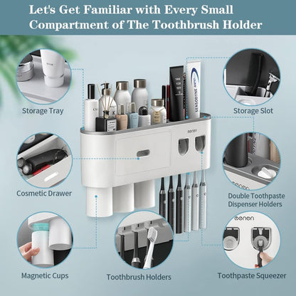 Toothbrush Holder Wall Mounted, Toothbrush Holder for Bathroom with 2 Automatic Toothpaste Dispensers,6 Toothbrush Slots,3 Magnetic Cups,1 Cosmetic Drawer Organizer and 1 Large Storage Tray