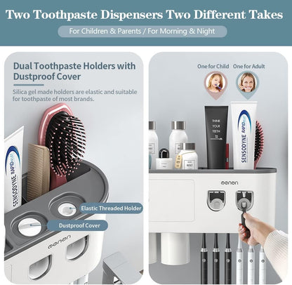 Toothbrush Holder Wall Mounted, Toothbrush Holder for Bathroom with 2 Automatic Toothpaste Dispensers,6 Toothbrush Slots,3 Magnetic Cups,1 Cosmetic Drawer Organizer and 1 Large Storage Tray