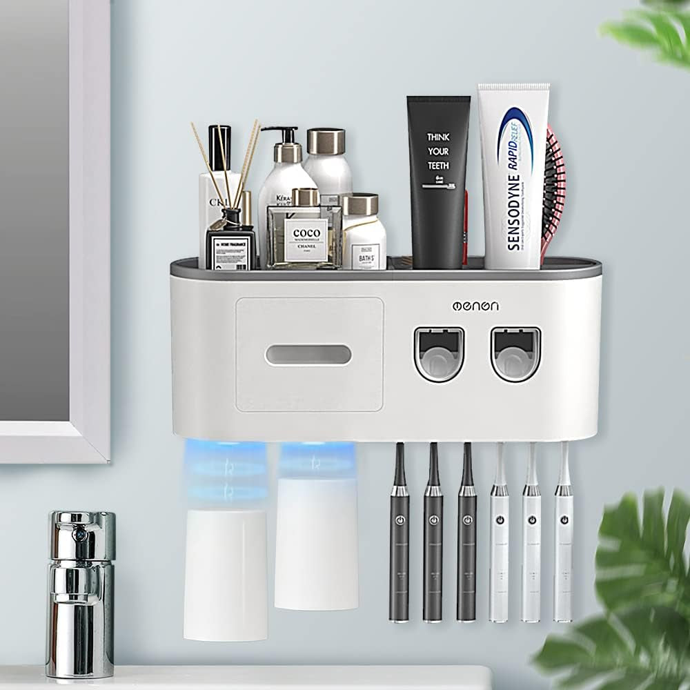 Toothbrush Holder Wall Mounted, Toothbrush Holder for Bathroom with 2 Automatic Toothpaste Dispensers,6 Toothbrush Slots,3 Magnetic Cups,1 Cosmetic Drawer Organizer and 1 Large Storage Tray