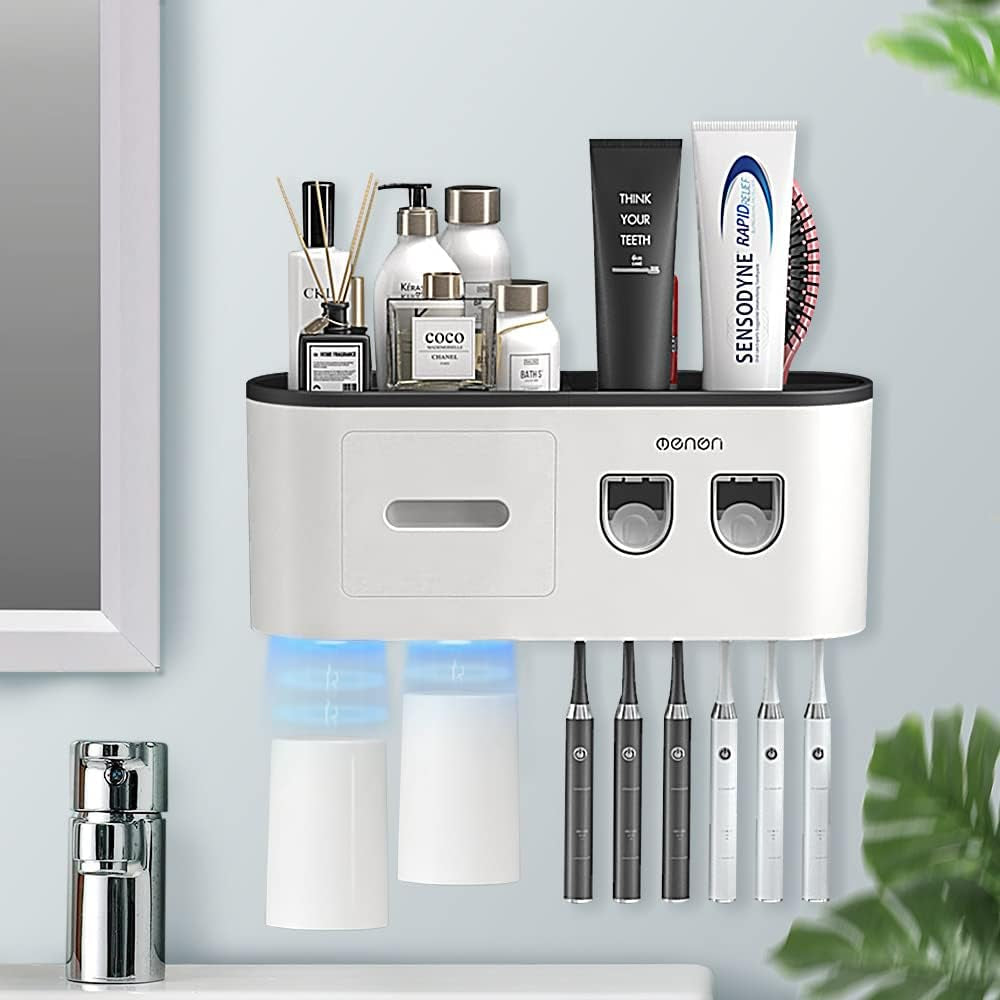 Toothbrush Holder Wall Mounted, Toothbrush Holder for Bathroom with 2 Automatic Toothpaste Dispensers,6 Toothbrush Slots,3 Magnetic Cups,1 Cosmetic Drawer Organizer and 1 Large Storage Tray