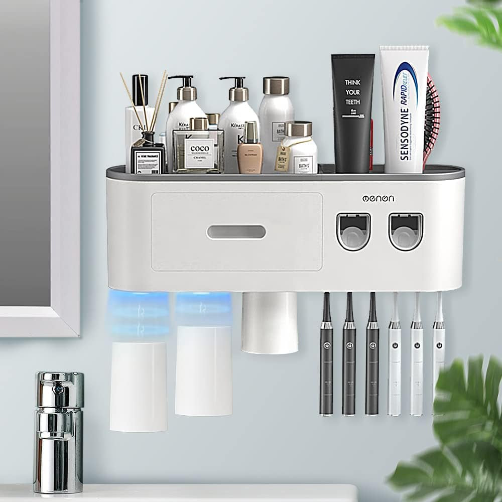 Toothbrush Holder Wall Mounted, Toothbrush Holder for Bathroom with 2 Automatic Toothpaste Dispensers,6 Toothbrush Slots,3 Magnetic Cups,1 Cosmetic Drawer Organizer and 1 Large Storage Tray